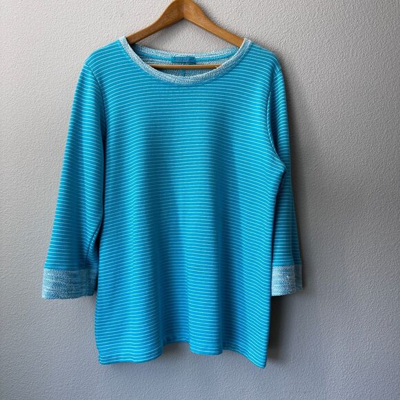 Fresh Produce Women's Pinstripe Sunset French Terry Sweatshirt Blue 3/4 Large - Picture 2 of 8